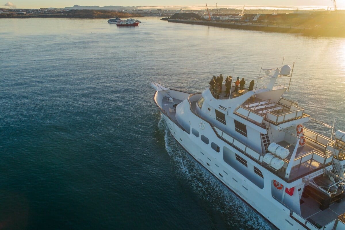 spot a whale with sea trips - the superyacht is cutting effortlessly through the calm water at reykjavik